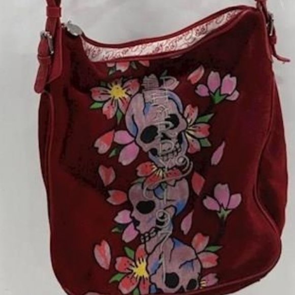 Ed Hardy Handbags - ED HARDY RED SUEDE LEATHER SHOULDER BAG